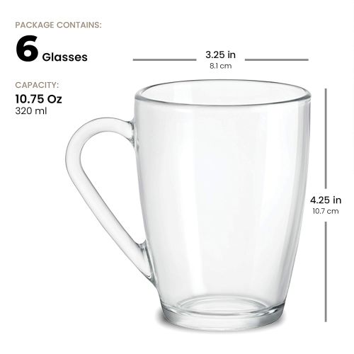  [아마존베스트]Bormioli Rocco Glass Coffee Mug Set, (6 Pack) Medium 10¾ Ounce with Convenient Handle, Tea Glasses for Hot/Cold Beverages, Thermal Shock Resistant, Tempered Glass, Mugs for Cappucc