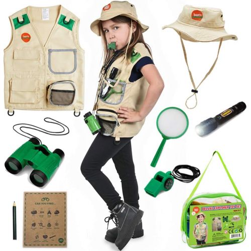  [아마존베스트]Born Toys Explorer Kit for Kids Childrens Toy with Washable Premium Backyard Safari Vest and Adventure kit for Halloween Costume, Paleontologist Costume Full Kids Explorer Set
