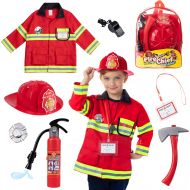 Born Toys 8 PC Premium Washable Kids Fireman Costume Toy for Kids,Boys,Girls,Toddlers, and Children with Complete Firefighter Accessories