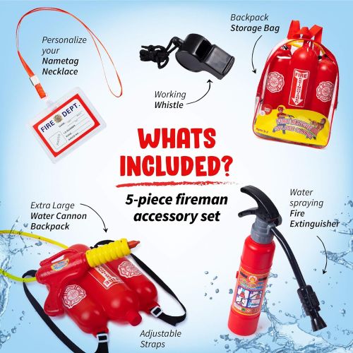  Born Toys 5 Piece Premium Firefighter Water Gun Toy Set and fire Toy Extinguisher. for Fireman Costume, Outdoors, Pools, Summer,Beach,Bath and Halloween.Includes Bag