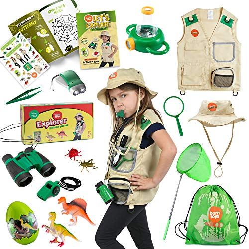  Born Toys Premium Explorer and Safari costume Cargo Vest and Hat Set with Outdoor nature Scavenger Hunt for Kid Explorer