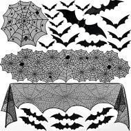 Borogo 35 Pieces Halloween Decorations Set Include Lace Spider Web Table Runner, Round Lace Table Cover, Fireplace Mantel Scarf and 32 Pieces 3D Bats Wall Sticker Decal