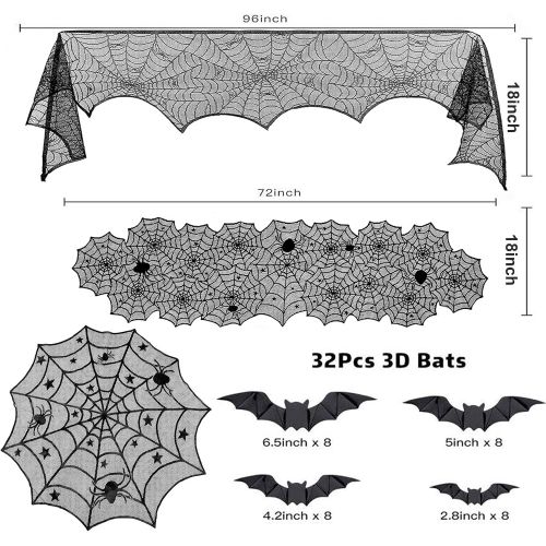  Borogo 35 Pieces Halloween Decorations Set Include Lace Spider Web Table Runner, Round Lace Table Cover, Fireplace Mantel Scarf and 32 Pieces 3D Bats Wall Sticker Decal