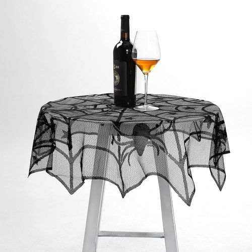  Borogo 35 Pieces Halloween Decorations Set Include Lace Spider Web Table Runner, Round Lace Table Cover, Fireplace Mantel Scarf and 32 Pieces 3D Bats Wall Sticker Decal