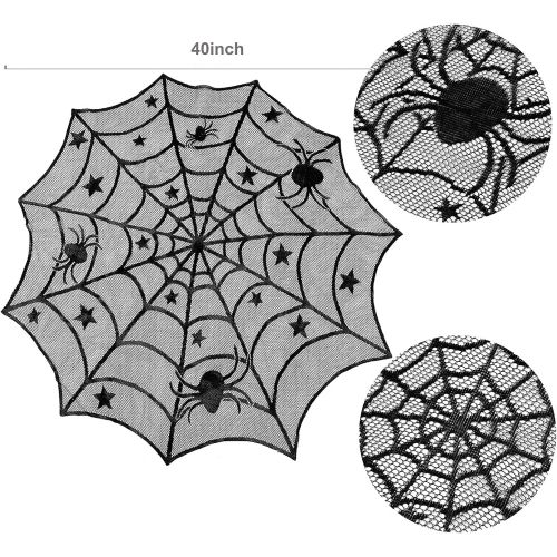  Borogo 35 Pieces Halloween Decorations Set Include Lace Spider Web Table Runner, Round Lace Table Cover, Fireplace Mantel Scarf and 32 Pieces 3D Bats Wall Sticker Decal