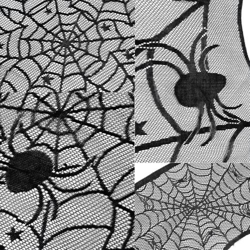  Borogo 35 Pieces Halloween Decorations Set Include Lace Spider Web Table Runner, Round Lace Table Cover, Fireplace Mantel Scarf and 32 Pieces 3D Bats Wall Sticker Decal