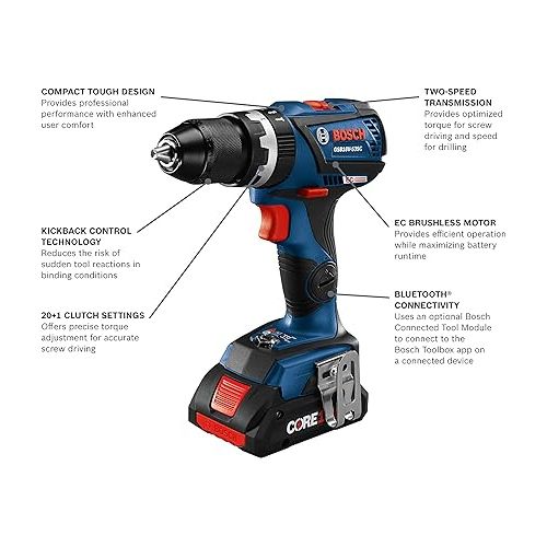  BOSCH GXL18V-601B25 18V 6-Tool Combo Kit with 2-In-1 Bit/Socket Impact Driver, Hammer Drill/Driver, Reciprocating Saw, Circular Saw, Angle Grinder, Floodlight and (2) CORE18V 4 Ah Compact Batteries