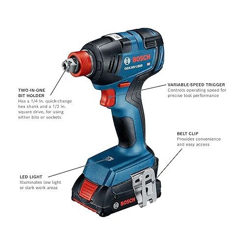  BOSCH GXL18V-601B25 18V 6-Tool Combo Kit with 2-In-1 Bit/Socket Impact Driver, Hammer Drill/Driver, Reciprocating Saw, Circular Saw, Angle Grinder, Floodlight and (2) CORE18V 4 Ah Compact Batteries