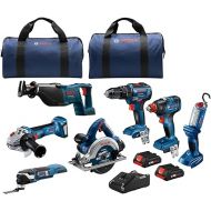 BOSCH GXL18V-701B25 18V 7-Tool Combo Kit with 2-In-1 Bit/Socket Impact Driver, Hammer Drill/Driver, Recip Saw, Circular Saw, Oscillating Tool, Angle Grinder, LED Worklight & (2) CORE18V 4 Ah Batteries