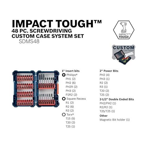  BOSCH SDMS48 48-Piece Assorted Impact Tough Screwdriving Custom Case System Set for Screwdriving Applications