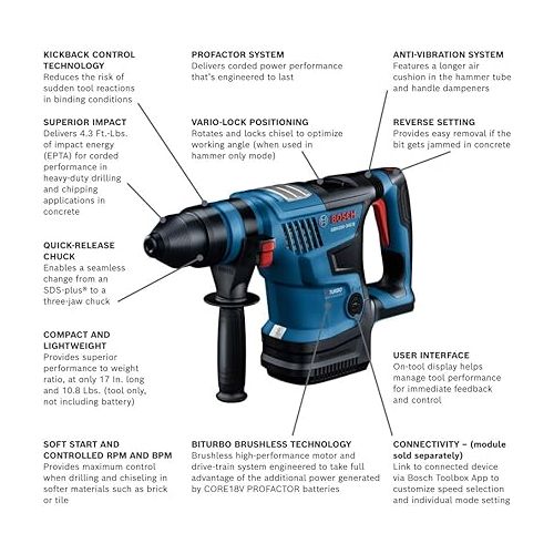  BOSCH GBH18V-34CQN PROFACTOR™ 18V Connected-Ready SDS-plus® Bulldog™ 1-1/4 In. Rotary Hammer (Bare Tool)