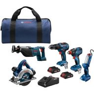 BOSCH GXL18V-501B25 18V 5-Tool Combo Kit with 2-In-1 Bit/Socket Impact Driver/Wrench, 1/2 In. Hammer Drill/Driver, Reciprocating Saw, Circular Saw, LED Worklight and (2) CORE18V 4 Ah Compact Batteries