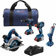 BOSCH GXL18V-497B23 18V 4-Tool Combo Kit with 2-In-1 1/4 In. and 1/2 In. Bit/Socket Impact Driver, 1/2 In. Hammer Drill/Driver, Circular Saw, Worklight with (1) CORE18V 4 Ah Battery & (1) 2 Ah Battery