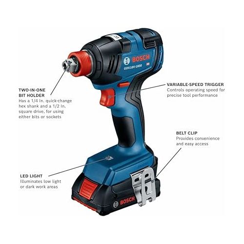  BOSCH GXL18V-497B23 18V 4-Tool Combo Kit with 2-In-1 1/4 In. and 1/2 In. Bit/Socket Impact Driver, 1/2 In. Hammer Drill/Driver, Circular Saw, Worklight with (1) CORE18V 4 Ah Battery & (1) 2 Ah Battery