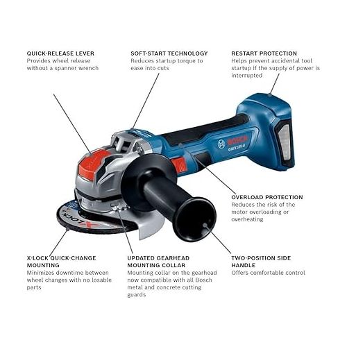  BOSCH GWX18V-8N 18V X-LOCK Brushless 4-1/2 Inch Angle Grinder with Slide Switch, Tool-free Disc Swap (Bare Tool)