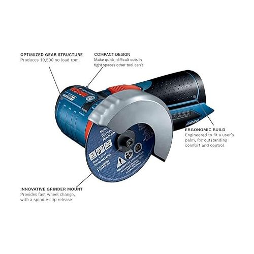  BOSCH GWS12V-30N 12V Max Brushless 3 In. Angle Grinder (Bare Tool), Blue