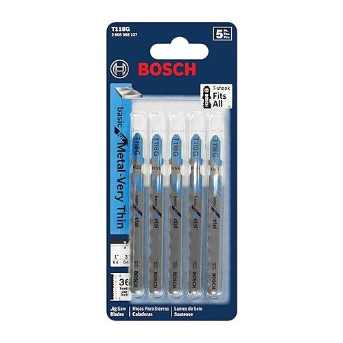  BOSCH T118G 5-Piece 3-5/8 In. 36 TPI Basic for Metal T-Shank Jig Saw Blades