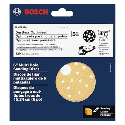  Bosch SRM6R120 5 pc. 120 Grit 6 in. Multi-Hole Hook-and-Loop Sanding Discs