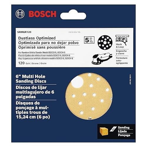  Bosch SRM6R120 5 pc. 120 Grit 6 In. Multi-Hole Hook-And-Loop Sanding Discs