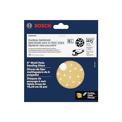  BOSCH SRM6R040 5 pc. 6 In. 40 Grit Multi-Hole Hook-And-Loop Sanding Discs