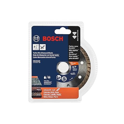  BOSCH DB4542S 4-1/2 In. Standard Turbo Rim Diamond Blade with 7/8 In. Arbor for Smooth Cut Wet/Dry Cutting Applications in Concrete, Brick, Stone, Masonry