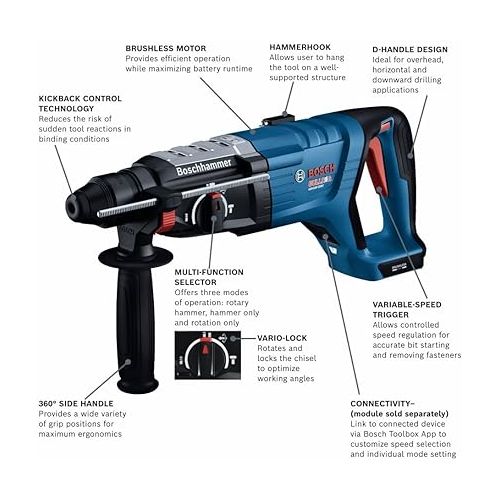  BOSCH GBH18V-28DCN 18V Brushless Connected-Ready SDS-plus® Bulldog™ 1-1/8 In. Rotary Hammer (Bare Tool)