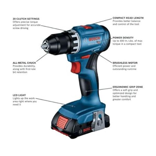  BOSCH GSR18V-400B12 18V Compact Brushless 1/2 In. Drill/Driver Kit with (1) 2.0 Ah SlimPack Battery (Refurbished) (Renewed)