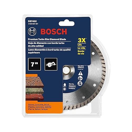  BOSCH DB742C 7 In. Premium Turbo Rim Diamond Blade with 7/8 In. Diamond Arbor Knockout for Smooth Cut Wet/Dry Cutting Applications in Concrete, Masonry