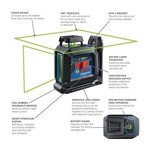  BOSCH GLL50-40G Green-Beam Self-Leveling 360 Degree Cross-Line Laser, Includes 4 AA Batteries, L-Bracket, Ceiling Clip, & Hard Carrying Case