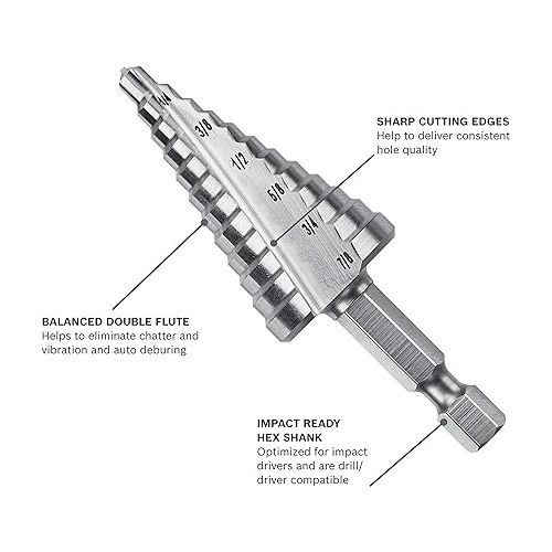  Bosch IMSDC2 3/16 In. to 7/8 In. High-Speed Steel Turbo Impact Step Drill Bit