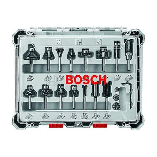  BOSCH 1617EVSPK Wood 12 Amp Router Tool Combo Kit - 2.25 Horsepower Plunge Router & Fixed Base with a Variable Speed&BOSCH 15 pc. Carbide-Tipped Wood Router Bit Set