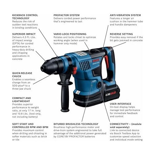  BOSCH GBH18V-34CQB24 PROFACTOR™ 18V Connected-Ready SDS-plus® Bulldog™ 1-1/4 In. Rotary Hammer with (2) CORE18V® 8 Ah High Power Batteries