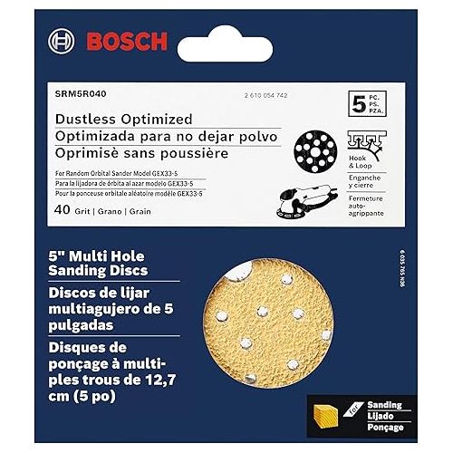  BOSCH SRM5R040 5 pc. 40 Grit 5 In. Multi-Hole Hook-And-Loop Sanding Discs