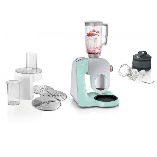  Bosch MUM58020 Kuechenmaschine CreationLine, 1000 W, 3,9 l Edelstahl-Ruehrschuessel, 3D Ruehrsystem, 7 Schaltstufen, turquoise/silber + MUZ5KR1 Kunststoff-Ruehrschuessel fuer Kuechenmaschi