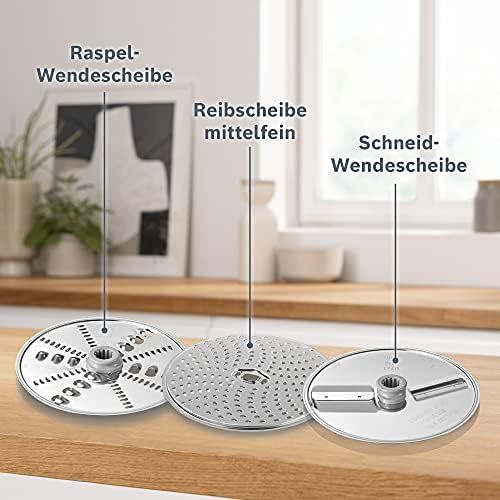  Bosch Multimixer MUZ5MM1 including 3 discs (cutting reversible disc, rasp reversible disc, grater disc fine), dishwasher safe parts, stainless steel, for MUM5 and MUM series 2