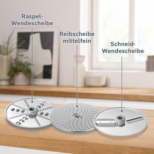  Bosch Multimixer MUZ5MM1 including 3 discs (cutting reversible disc, rasp reversible disc, grater disc fine), dishwasher safe parts, stainless steel, for MUM5 and MUM series 2