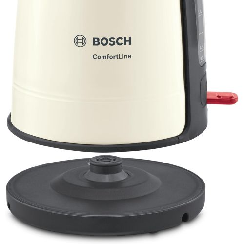  Bosch Hausgerate TWK6A017 ComfortLine Wasserkocher (2400 Watt, 1,7 Liter, 1-Tassen-Funktion), Creme/black Grey