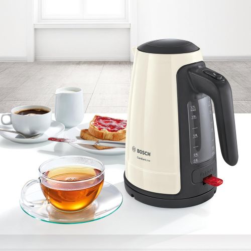  Bosch Hausgerate TWK6A017 ComfortLine Wasserkocher (2400 Watt, 1,7 Liter, 1-Tassen-Funktion), Creme/black Grey