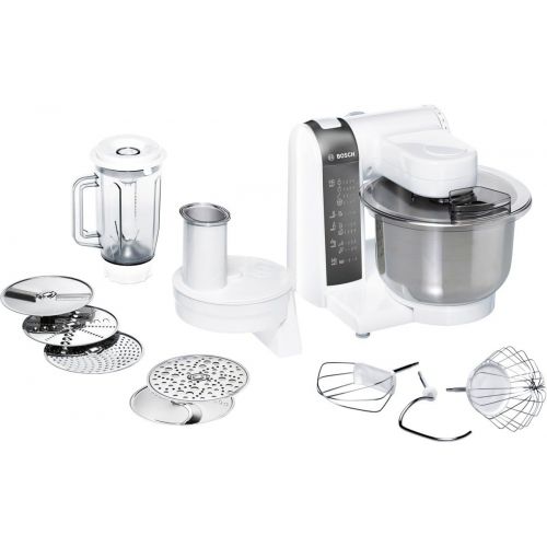  Bosch Hausgerate Bosch MUM48120DE Kuechenmaschine 600 W, 3,9 L Edelstahlruehrschuessel, Durchlaufschnitzler, Mixer-Aufsatz, weiss