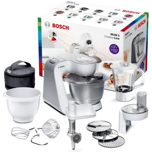  Bosch Hausgerate Bosch MUM5 CreationLine Kuechenmaschine MUM5824C, vielseitig einsetzbar, grosse Edelstahl-Schuessel (3,9l), Glaxmixer, Durchlaufschnitzler, Fleischwolf, 1000 W, weiss/silber