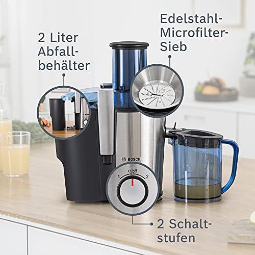  Bosch Hausgerate Bosch MES3500 Entsafter VitaJuice 3 700 W, XL-Einfuellschacht, Edelstahl-Microfilter-Sieb, Saftauslauf und Gehause aus Edelstahl, Ausgiesser mit DripStop, blau / silber