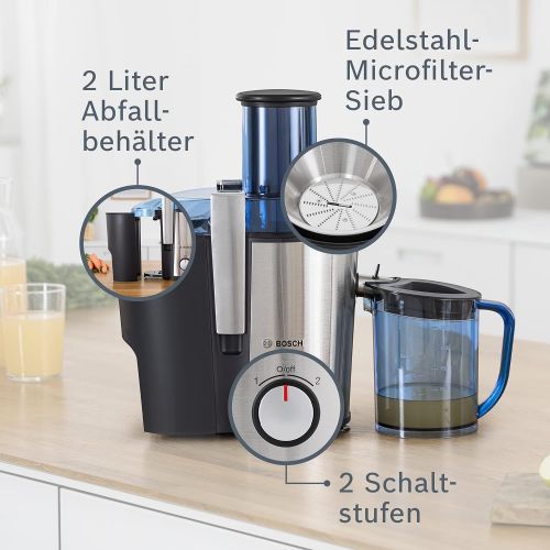  Bosch Hausgerate Bosch MES3500 Entsafter VitaJuice 3 700 W, XL-Einfuellschacht, Edelstahl-Microfilter-Sieb, Saftauslauf und Gehause aus Edelstahl, Ausgiesser mit DripStop, blau / silber