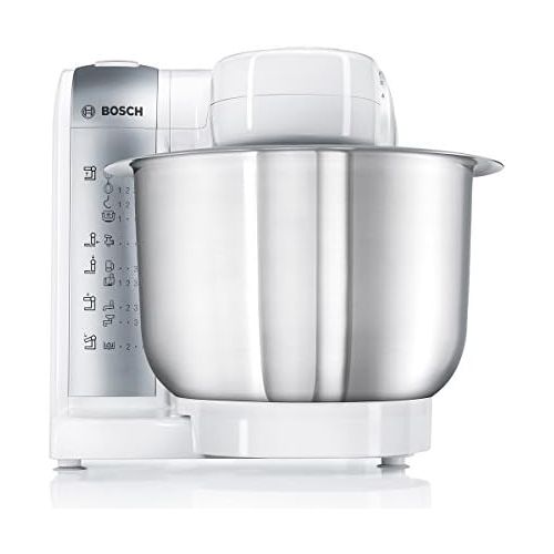  Bosch MUM4 MUM4880 Kuechenmaschine (600 W, 3 Ruehrwerkzeuge aus Edelstahl, spuelmaschinengeignet, Ruehrschuessel, max Teigmenge: 2,0kg, Durchlaufschnitzler, Mixeraufsatz, Fleischwolf, Z