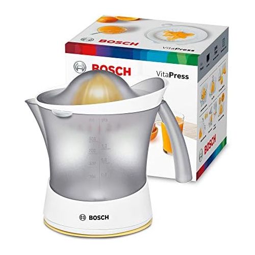  Bosch MCP3500N Zitruspresse (25 W, hohe Saftausbeute, abnehmbarer Saftbehalter 0,8 l, Fruchtfleisch-Regulierung) weiss/sommergelb