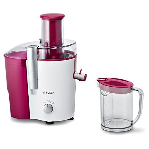  Bosch Hausgerate Bosch MES25C0 Entsafter VitaJuice 2 700 W, XL-Einfuellschacht, Edelstahl-Microfilter-Sieb, Ausgiesser mit DripStop, weiss / cherry cassis