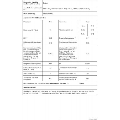  [아마존베스트]: BoschModell: SMI4HAS48EEnergieeffizienzklasse (gem. EU Nr. 65/2014): A++Energieverbrauch im Pro Bosch SMV4HCX48E Series 4 Dishwasher Fully-Fitted