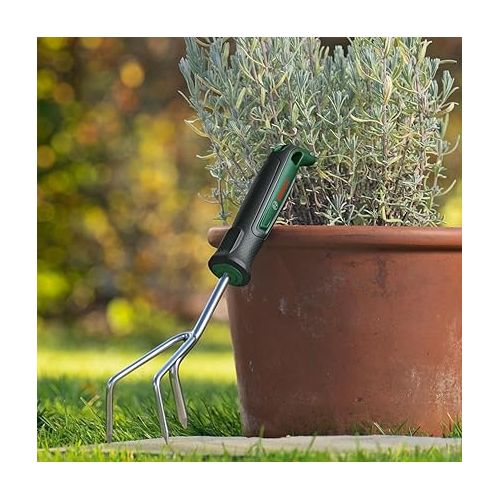  Bosch Garden Hand Tool Garden Cultivator (Hand Cultivator, for Loosening and Airing The Soil in Flowers, Robust, Stainless Steel, Soft Grip, Ergonomic Design)