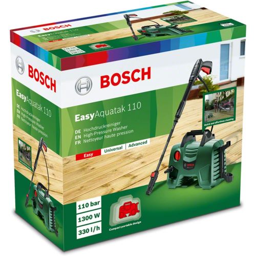  Bosch Home and Garden Bosch Hochdruckreiniger EasyAquatak 110 (3x Duese, Hochdruckpistole, transparenter Wasserfilter, 5 m Kabel, 3 m Schlauch, Karton, 1300 Watt, Druck: 110 bar, max Foerdermenge: 330 l/h