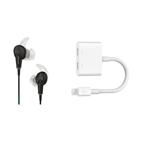 보스 Bose QuietComfort 20 Acoustic Noise Cancelling Headphones for Apple Devices (Black) + Belkin Lightning Audio + Charge RockStar iPhone Adapter, Splitter Enables Lightning Audio and