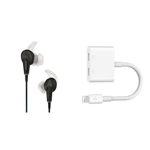 보스 Bose QuietComfort 20 Acoustic Noise Cancelling Headphones for Apple Devices (Black) + Belkin Lightning Audio + Charge RockStar iPhone Adapter, Splitter Enables Lightning Audio and